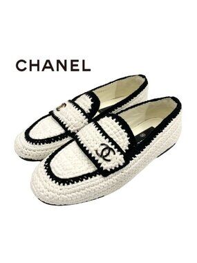 Chanel Flat Shoes Fabric White Black Coco Mark Braided